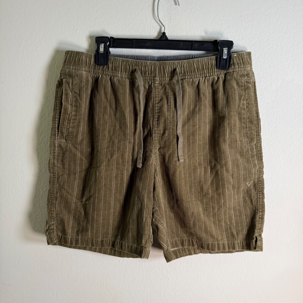 Vissla Mens Corduroy Walk Shorts Olive Green Pinstripe Elastic Waist Size Medium